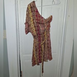 Savanna Jane One-Shoulder Romper in Mustard and Burgundy Print